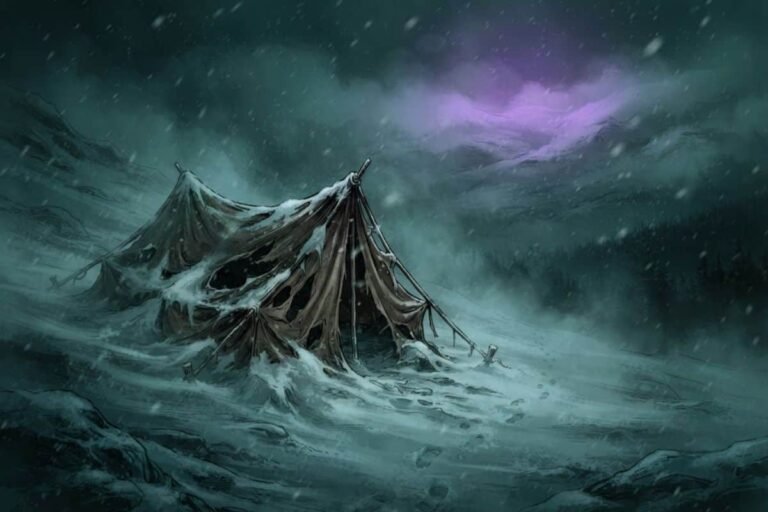 Ilustrasi tenda robek setengah terkubur salju di lereng Pegunungan Ural, insiden Dyatlov Pass 1959