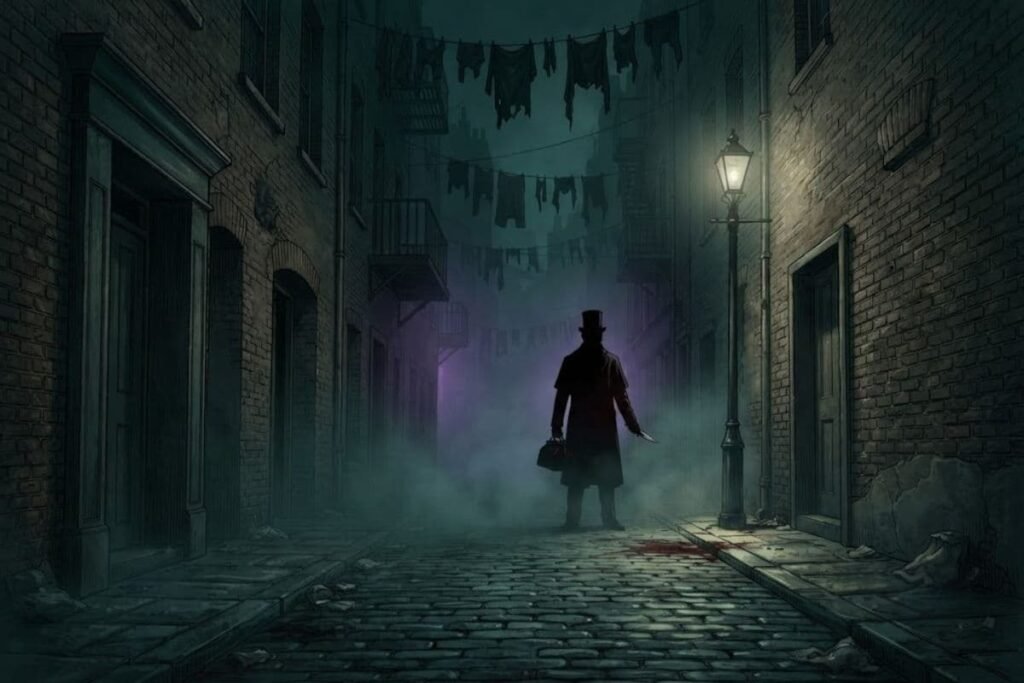 Ilustrasi siluet Jack the Ripper bertopi dan berjubah di gang berkabut Whitechapel London tahun 1888