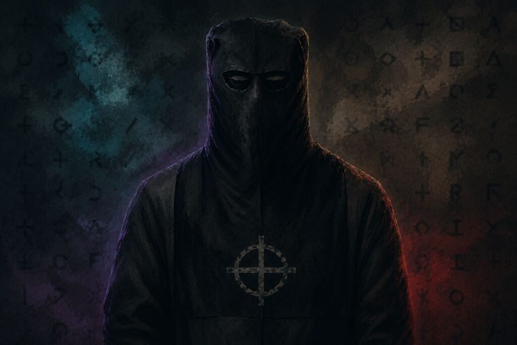 Ilustrasi digital sinematik misteri pembunuh berantai Zodiac Killer dengan gaya graphic novel gelap.