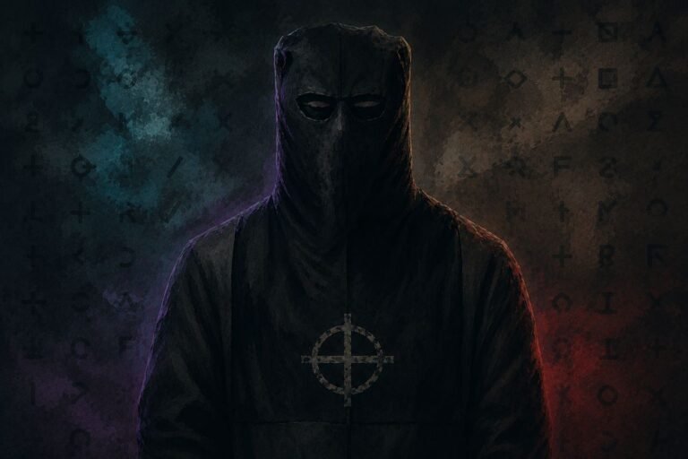 Ilustrasi digital sinematik misteri pembunuh berantai Zodiac Killer dengan gaya graphic novel gelap.