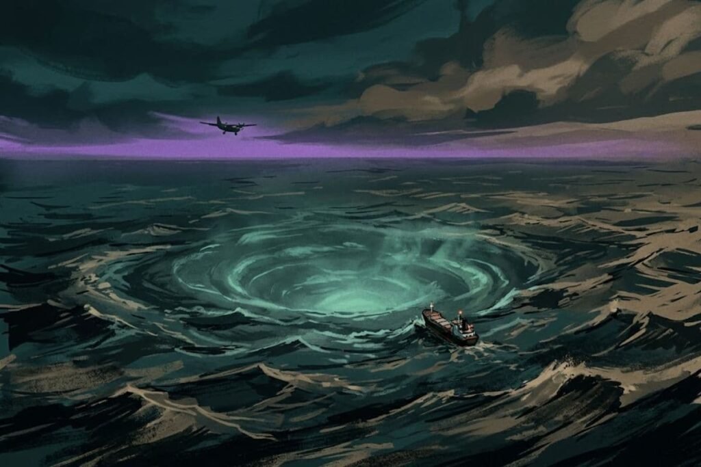 Ilustrasi area misterius Segitiga Bermuda di Samudra Atlantik dengan pola segitiga bercahaya di atas lautan.