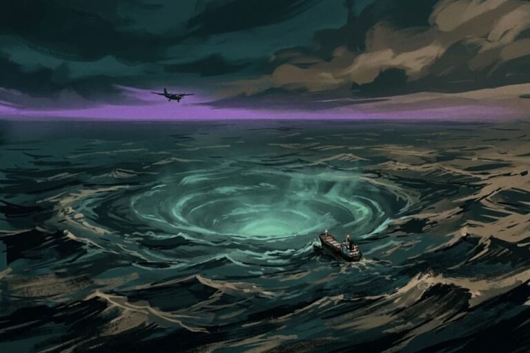 Ilustrasi area misterius Segitiga Bermuda di Samudra Atlantik dengan pola segitiga bercahaya di atas lautan.