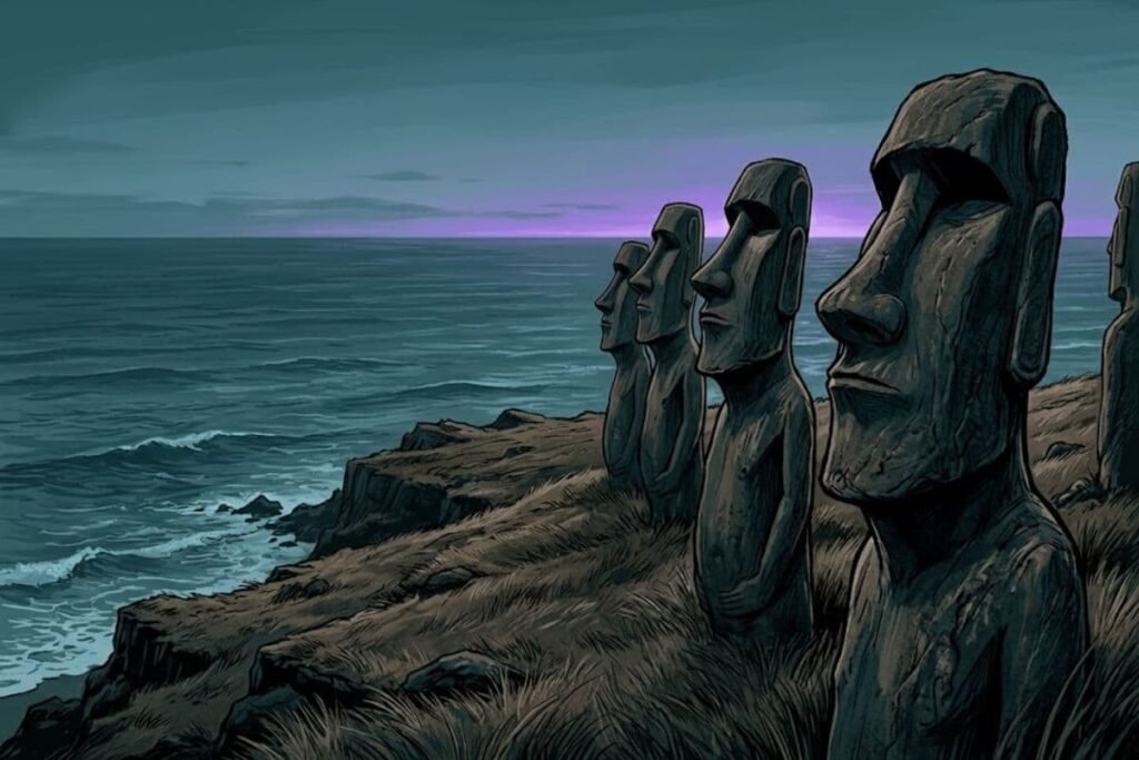Jajaran patung batu Moai berdiri di tepi pantai Pulau Paskah Rapa Nui