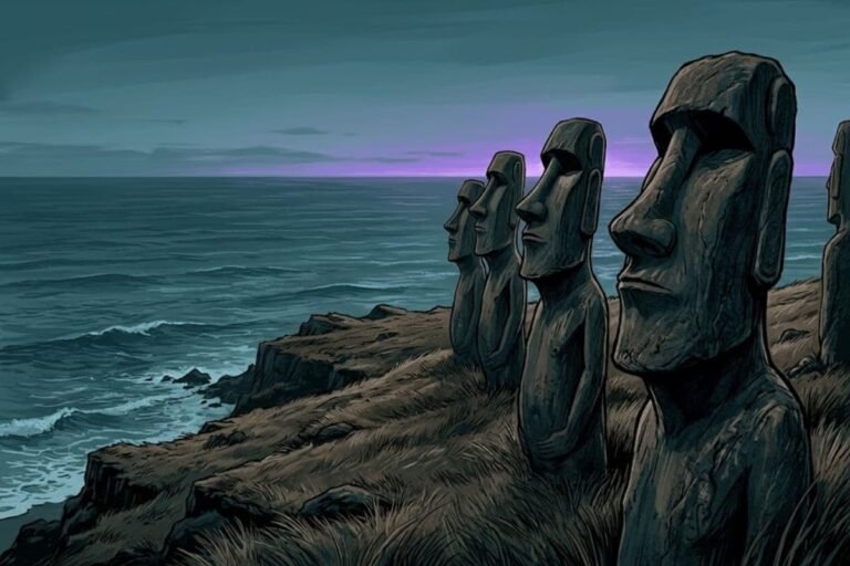 Jajaran patung batu Moai berdiri di tepi pantai Pulau Paskah Rapa Nui