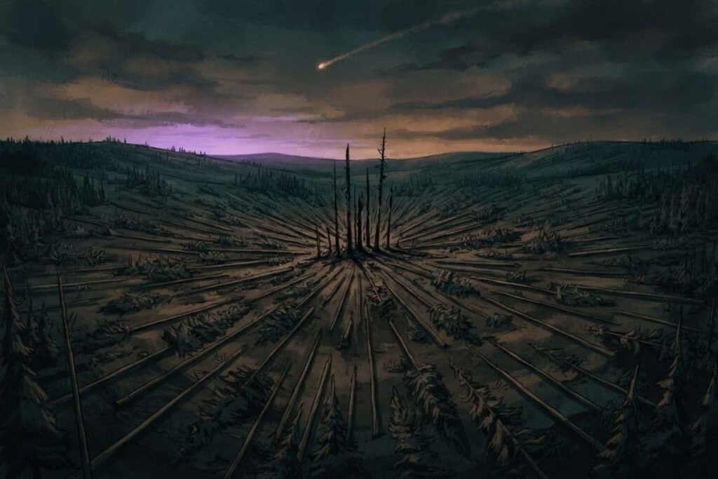 ilustrasi fenomena ledakan misteri Tunguska di atas lanskap kota kuno