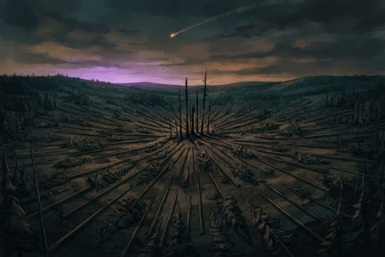 ilustrasi fenomena ledakan misteri Tunguska di atas lanskap kota kuno