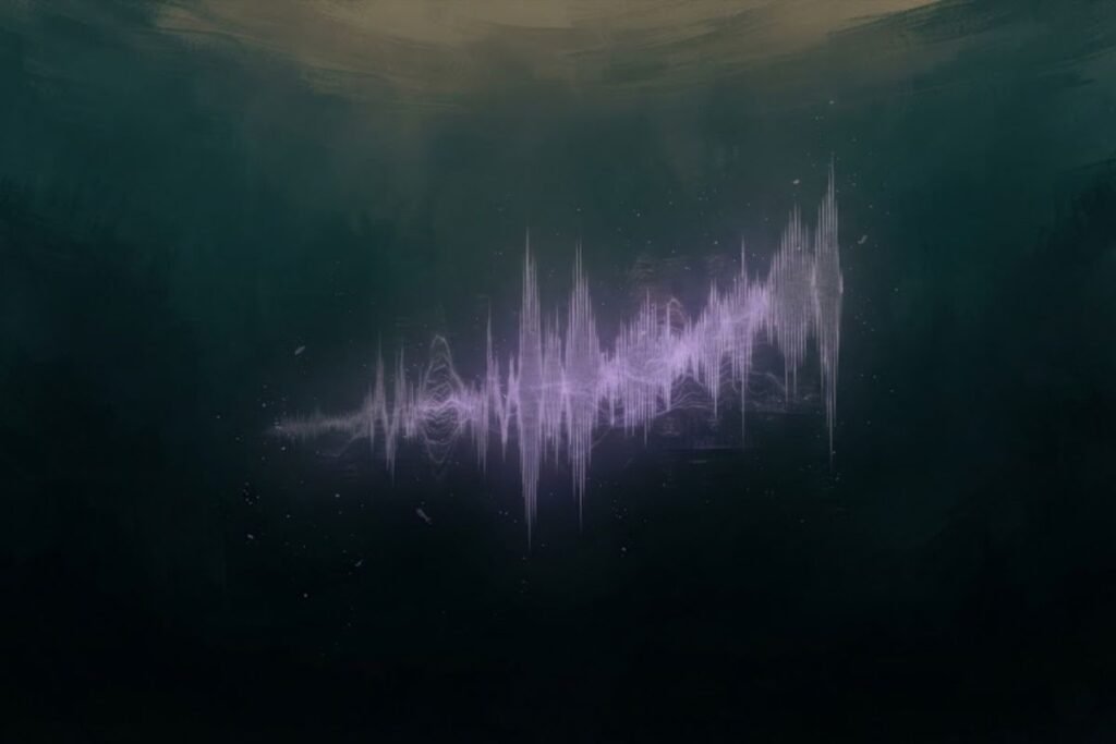 Ilustrasi gelombang suara bawah laut berwarna ungu yang mewakili frekuensi ultra-rendah dari misteri The Bloop yang terekam oleh NOAA.