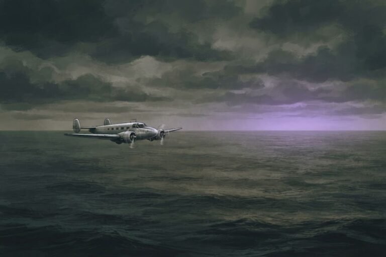 Ilustrasi sinematik pesawat Amelia Earhart terbang di atas Samudra Pasifik yang luas sebelum menghilang