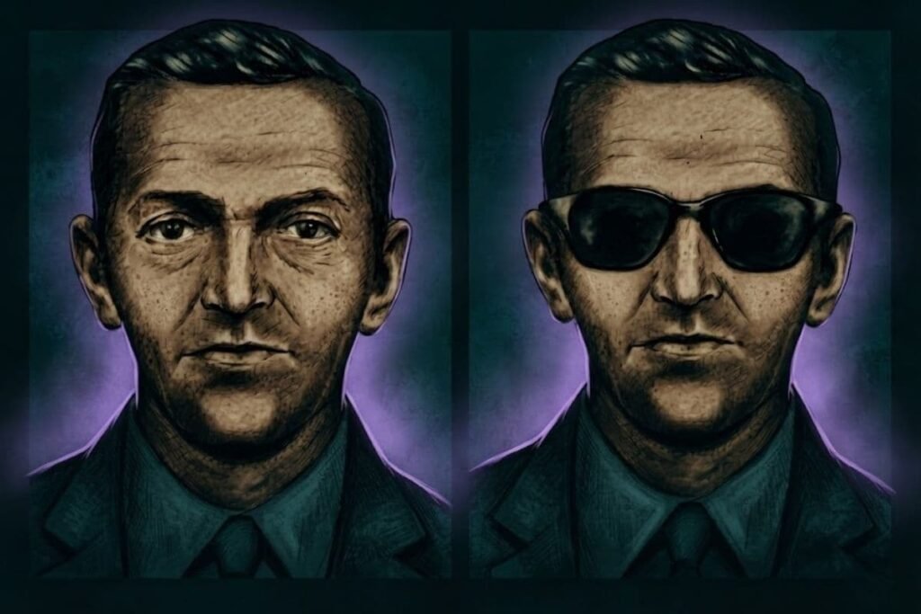 Ilustrasi misteri D.B. Cooper dengan sosok pria yang menggambarkan sketsa pembajak pesawat yang menghilang tanpa jejak