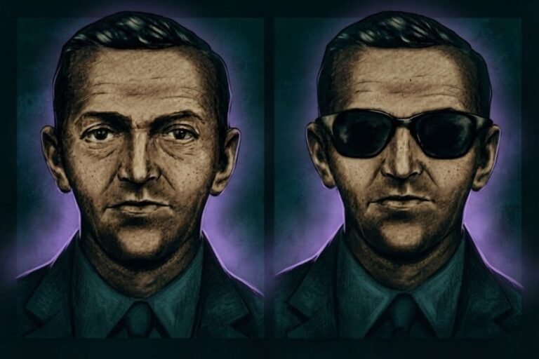 Ilustrasi misteri D.B. Cooper dengan sosok pria yang menggambarkan sketsa pembajak pesawat yang menghilang tanpa jejak