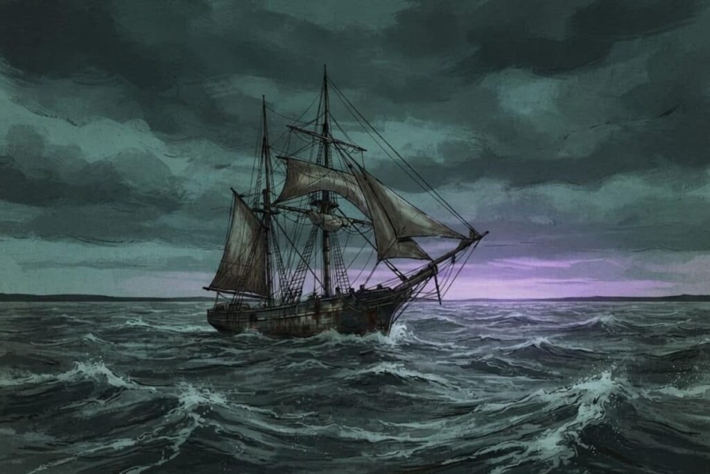 Ilustrasi kapal hantu Mary Celeste yang berlayar tanpa awak di tengah lautan gelap