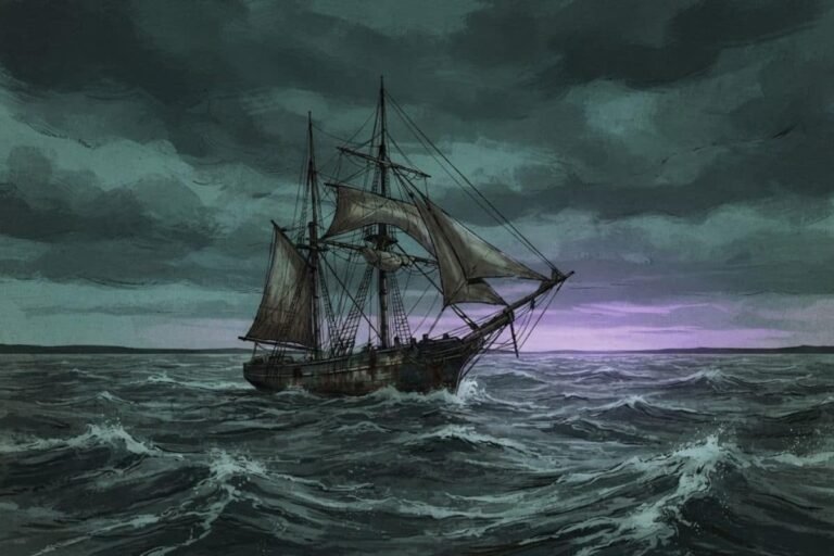 Ilustrasi kapal hantu Mary Celeste yang berlayar tanpa awak di tengah lautan gelap