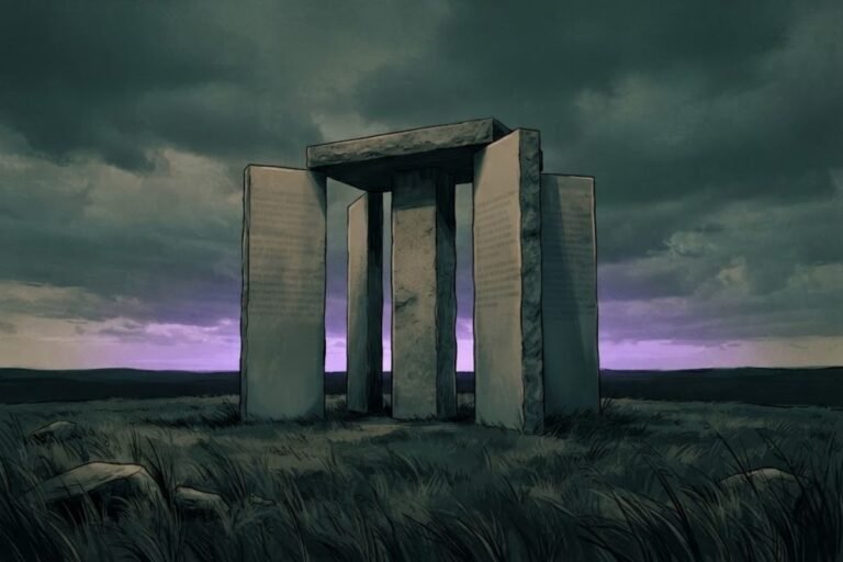Monumen Georgia Guidestones berdiri di ladang rumput terpencil di bawah langit senja yang mendung dan muram, menjadi pusat kontroversi dan spekulasi.