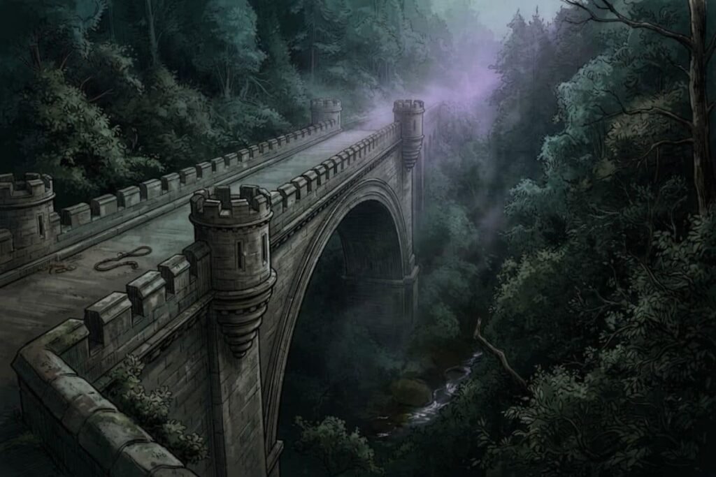 Pemandangan Jembatan Overtoun di Skotlandia yang terkenal misterius dan berkabut
