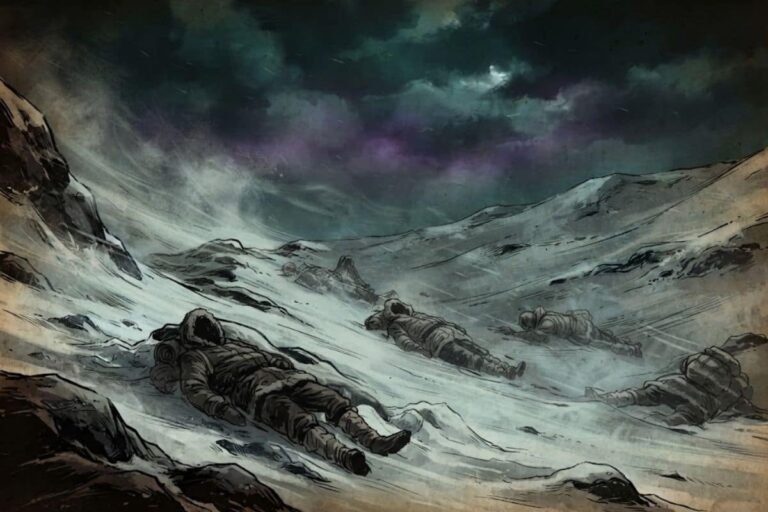 Ilustrasi pemandangan 10 mayat di pegunungan bersalju pada malam hari dalam Insiden Chivruay Pass di kutub Soviet