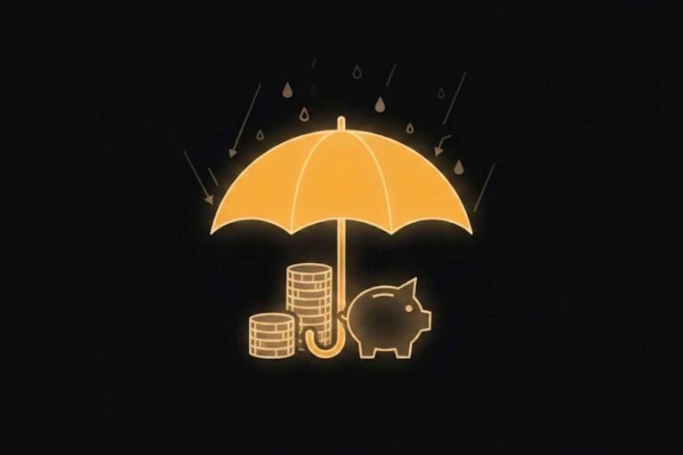 Ilustrasi pentingnya dana darurat sebagai perlindungan finansial dengan simbol payung dan celengan koin