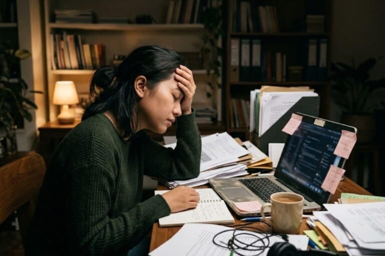 Wanita mengalami lelah mental dan burnout kerja saat lembur di depan laptop penuh tumpukan berkas