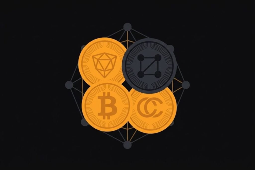 Ilustrasi beberapa koin cryptocurrency dan jaringan blockchain terdesentralisasi pada latar hitam.