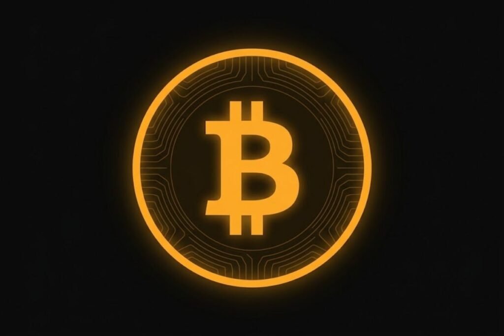 Ilustrasi koin emas Bitcoin menyala dengan latar sirkuit digital untuk panduan panduan pemula apa itu Bitcoin.