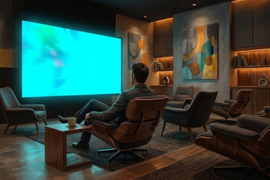 Seorang pria duduk bersantai di ruang home theater menonton layar besar sebagai ilustrasi panduan 16 jenis genre film.