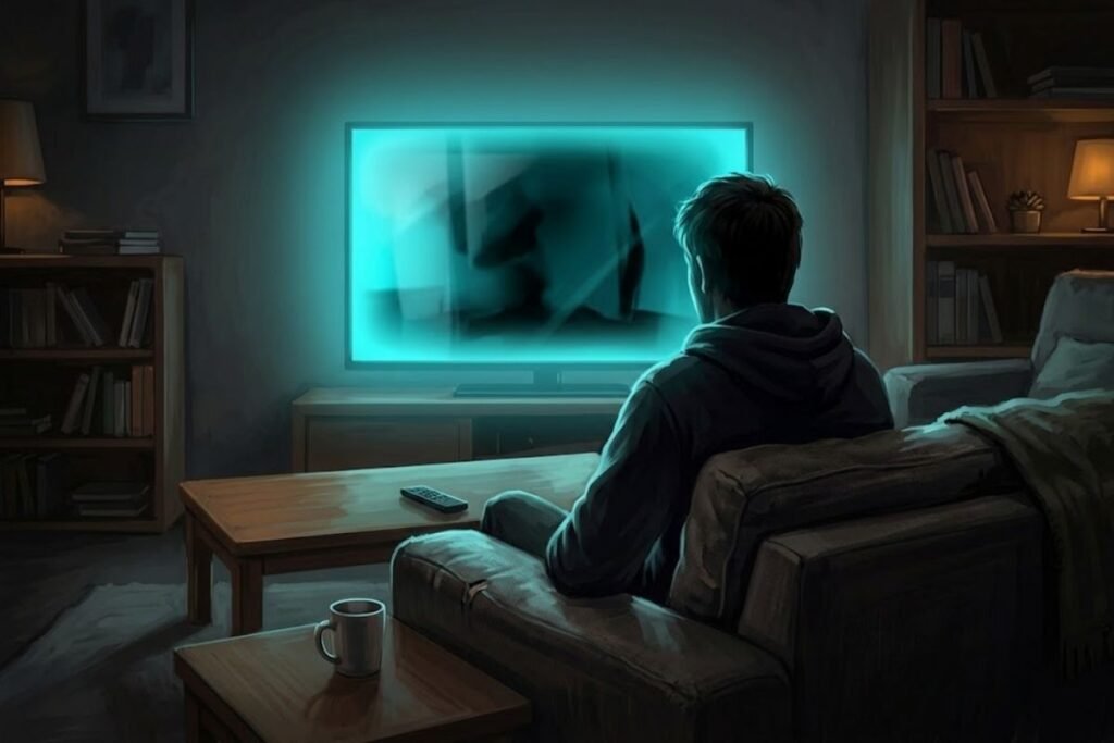 Seseorang duduk di sofa menonton televisi di ruangan gelap, mengilustrasikan suasana tegang saat menonton rekomendasi 15 film horor Indonesia terbaik.