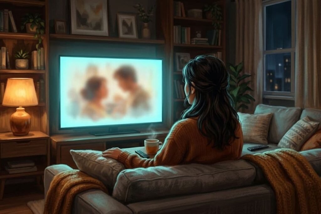 Seorang wanita duduk berselimut di sofa sambil menonton adegan mengharukan di televisi, mengilustrasikan daftar 15 film drama Indonesia terbaik yang menyentuh.