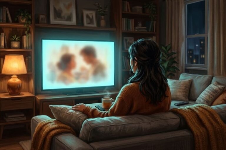 Seorang wanita duduk berselimut di sofa sambil menonton adegan mengharukan di televisi, mengilustrasikan daftar 15 film drama Indonesia terbaik yang menyentuh.