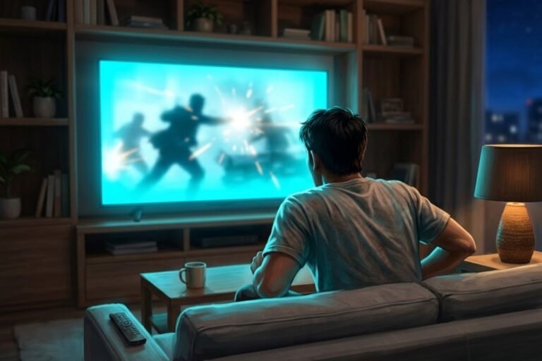 Seorang pria duduk di sofa menonton adegan baku tembak di televisi, sebagai ilustrasi daftar 15 film action Indonesia terbaik yang penuh adegan laga memukau.