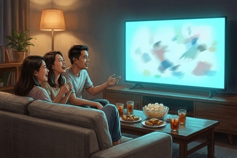 Tiga orang sahabat tertawa lepas di sofa saat menonton televisi, mengilustrasikan keseruan dari daftar 15 film komedi Indonesia terbaik yang bikin ngakak dari awal.
