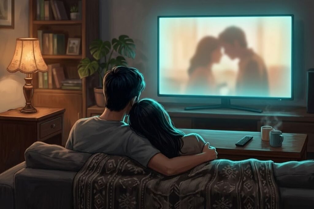 Pasangan duduk berpelukan di sofa sambil menonton adegan romantis di televisi, mengilustrasikan suasana dari daftar 15 film romantis Indonesia terbaik yang bikin baper.
