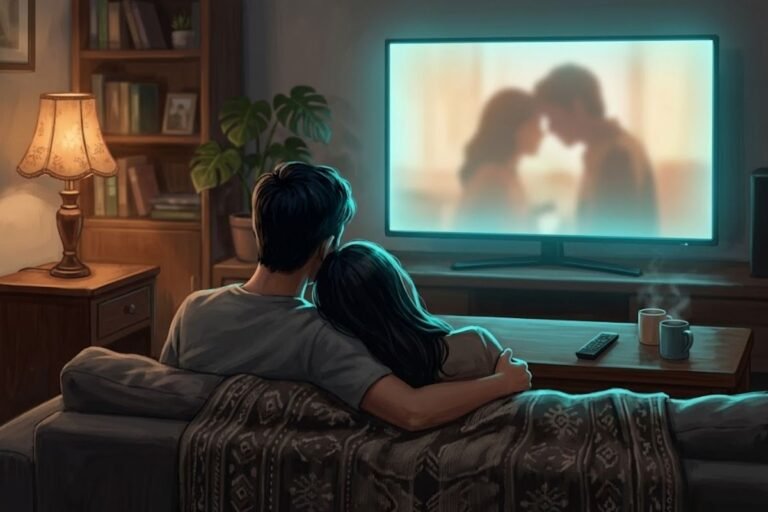 Pasangan duduk berpelukan di sofa sambil menonton adegan romantis di televisi, mengilustrasikan suasana dari daftar 15 film romantis Indonesia terbaik yang bikin baper.