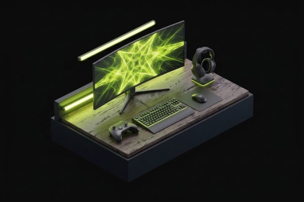 Setup PC gaming lengkap dengan controller di atas meja sebagai ilustrasi panduan berbagai macam genre game.