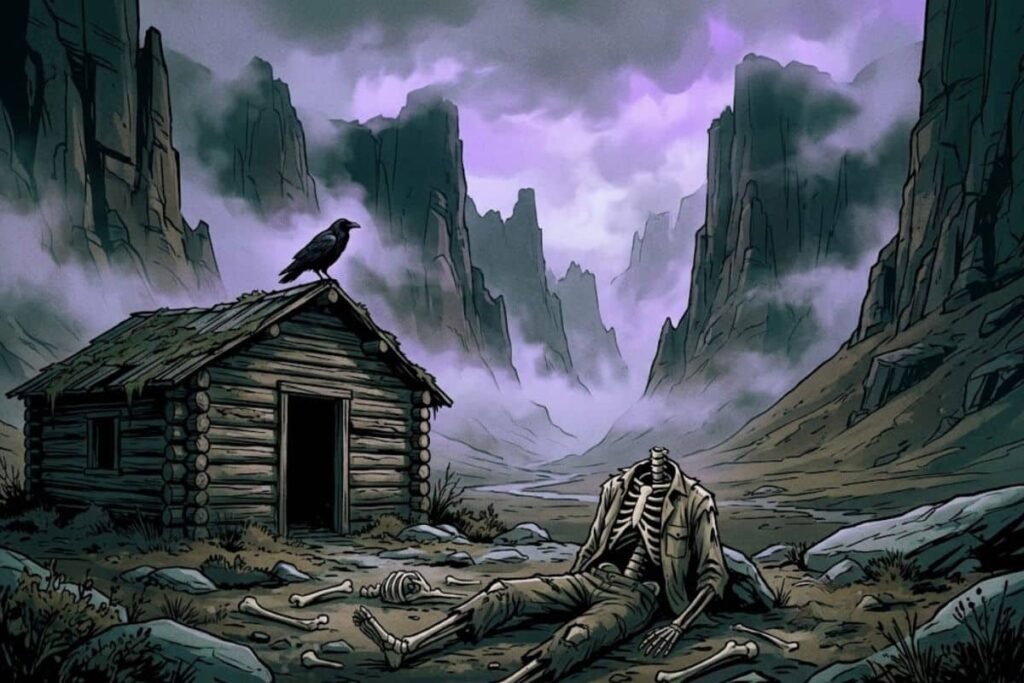 Ilustrasi pondok kayu tua dan tulang-belulang di Lembah Nahanni Kanada untuk artikel misteri Valley of the Headless Men.