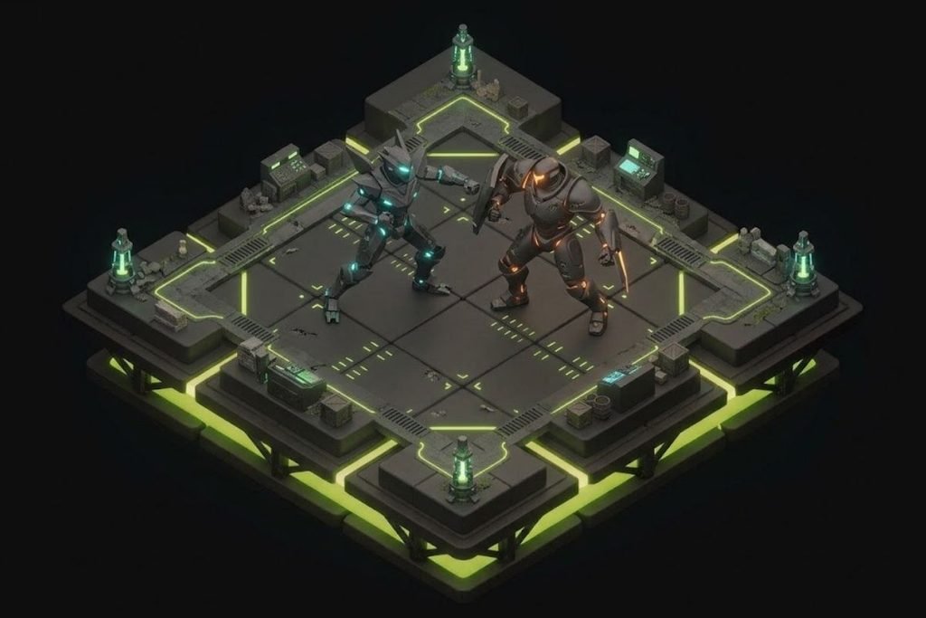 Ilustrasi dua robot berhadapan di atas arena pertarungan, melambangkan aksi duel satu lawan satu dan adu mekanik dalam genre game Fighting.