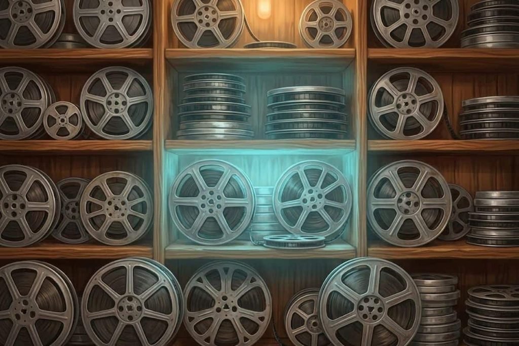 Deretan gulungan rol film klasik di rak kayu, mengilustrasikan pengelompokan daftar 16 genre film utama beserta ciri khasnya.