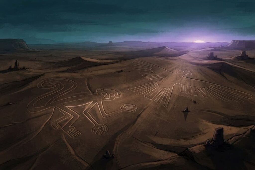 Ilustrasi Garis Nazca, geoglyph raksasa di gurun Peru dari udara