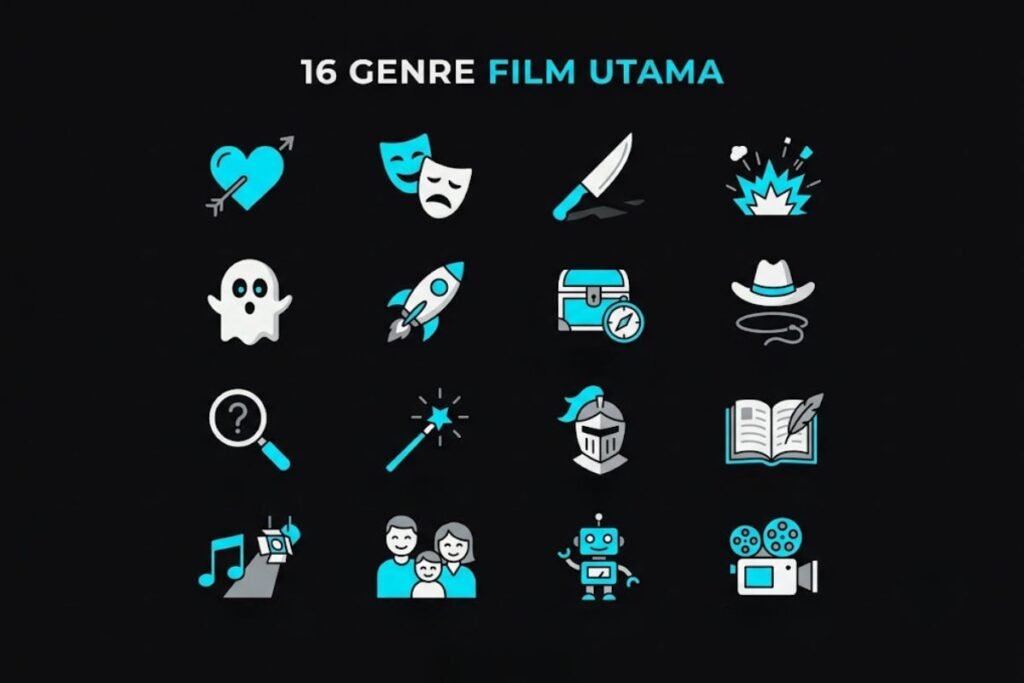 Ilustrasi berbagai genre film utama dengan ikon simbolik masing-masing