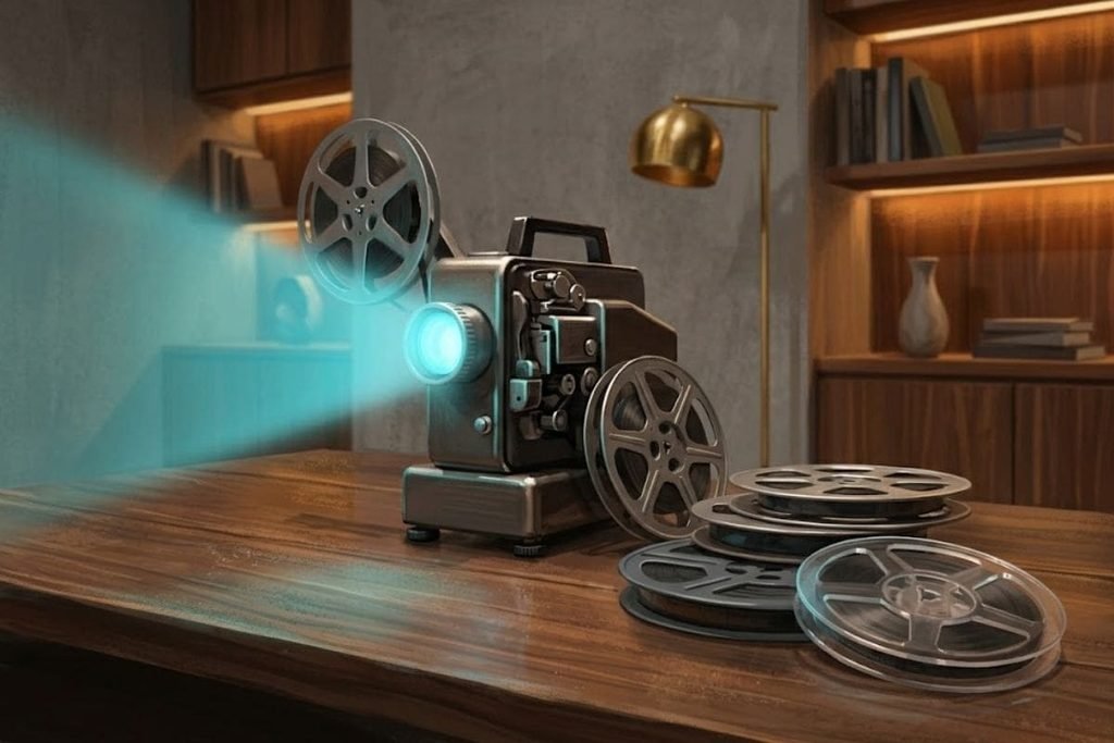Proyektor film klasik yang menyala beserta gulungan pita film di atas meja kayu, mengilustrasikan pengertian genre film sebagai pengelompokan karya sinema.