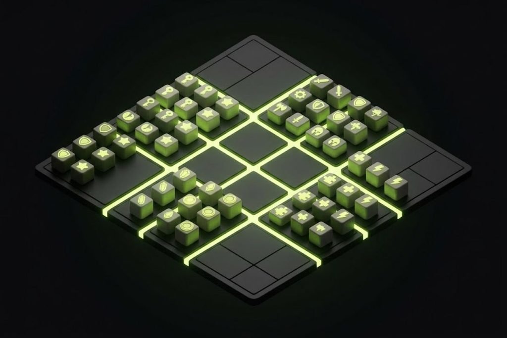 Pengelompokan genre game diilustrasikan melalui blok dengan simbol aksi berbeda pada sebuah papan.