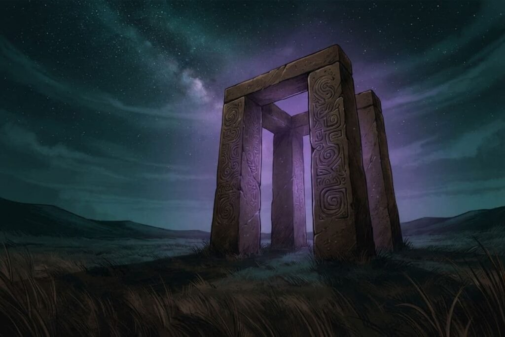 Ilustrasi monumen misterius Georgia Guidestones di malam hari