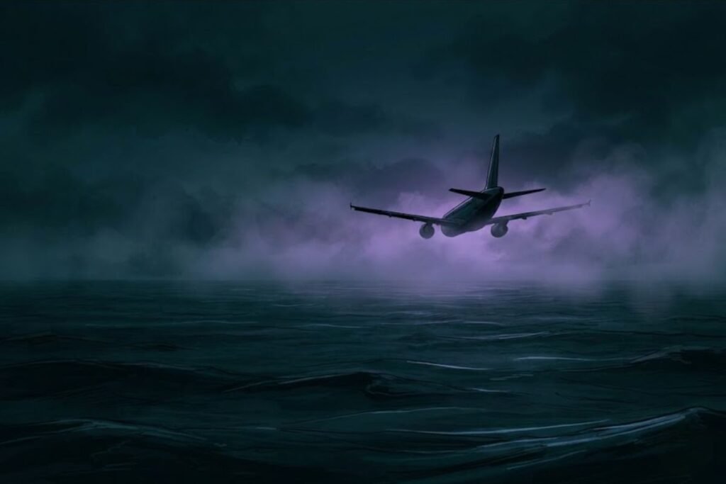 Ilustrasi siluet pesawat menghilang di atas lautan gelap, misteri MH370