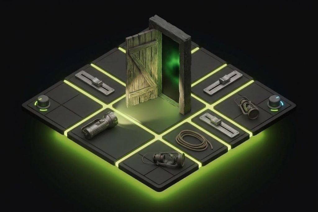 Pintu kayu usang yang terbuka menuju kegelapan bersama senter dan lentera, mengilustrasikan suasana mencekam dan sumber daya terbatas dalam genre game Horror dan Survival Horror.
