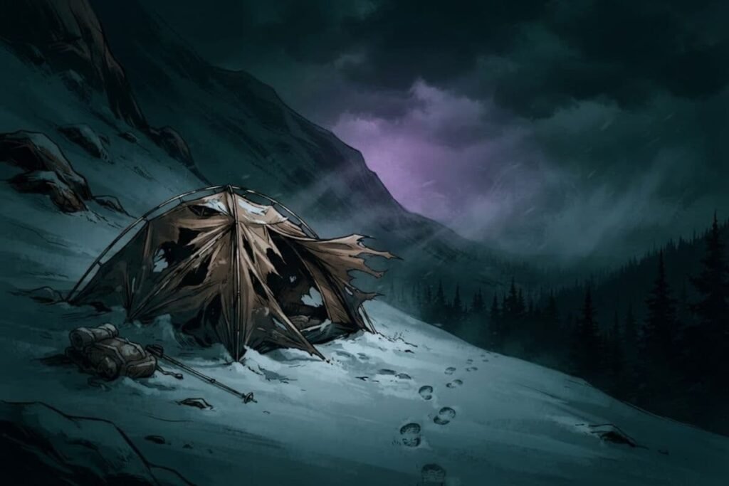 Ilustrasi tenda ditinggalkan di lereng bersalju, insiden Dyatlov Pass