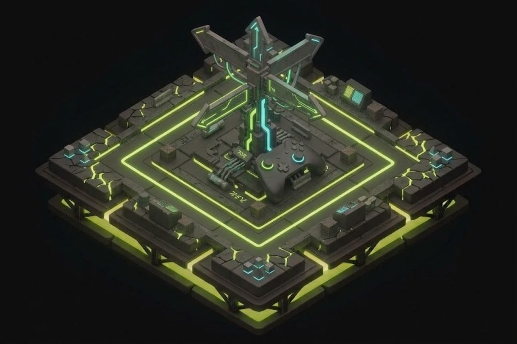 Ilustrasi tiang penunjuk arah futuristik dengan controller game di tengahnya, melambangkan panduan untuk memilih genre game yang cocok dengan preferensi pemain.