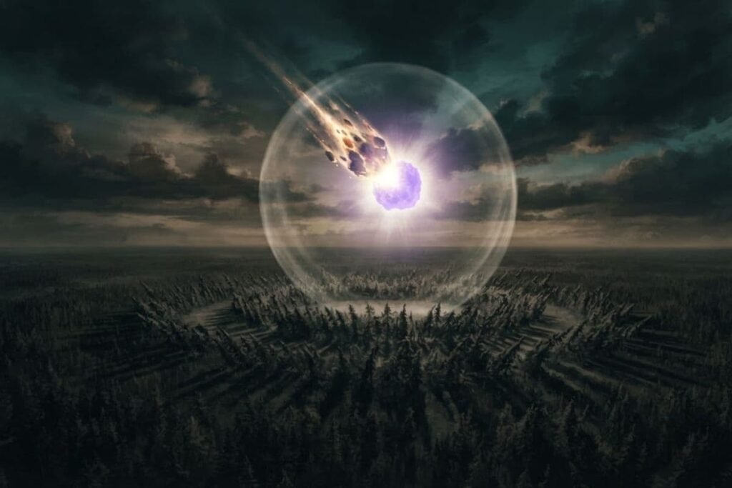 ilustrasi bola cahaya fenomena ledakan dahsyat Tunguska di langit malam