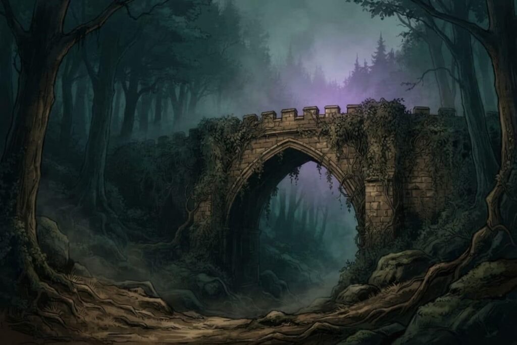 Ilustrasi Jembatan Overtoun tua berkabut di hutan Skotlandia