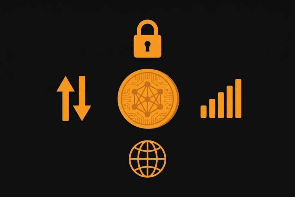 Ilustrasi 4 ikon karakteristik utama crypto meliputi keamanan enkripsi, transaksi peer to peer, dan akses global