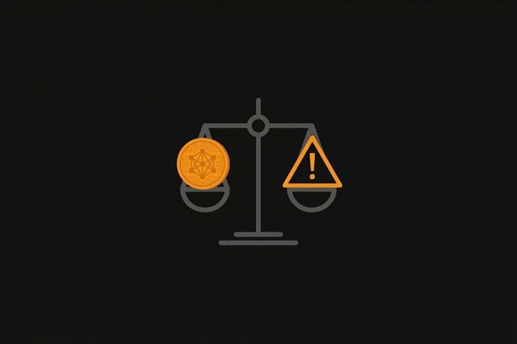 Ilustrasi timbangan kelebihan dan kekurangan investasi crypto dengan simbol koin dan tanda peringatan