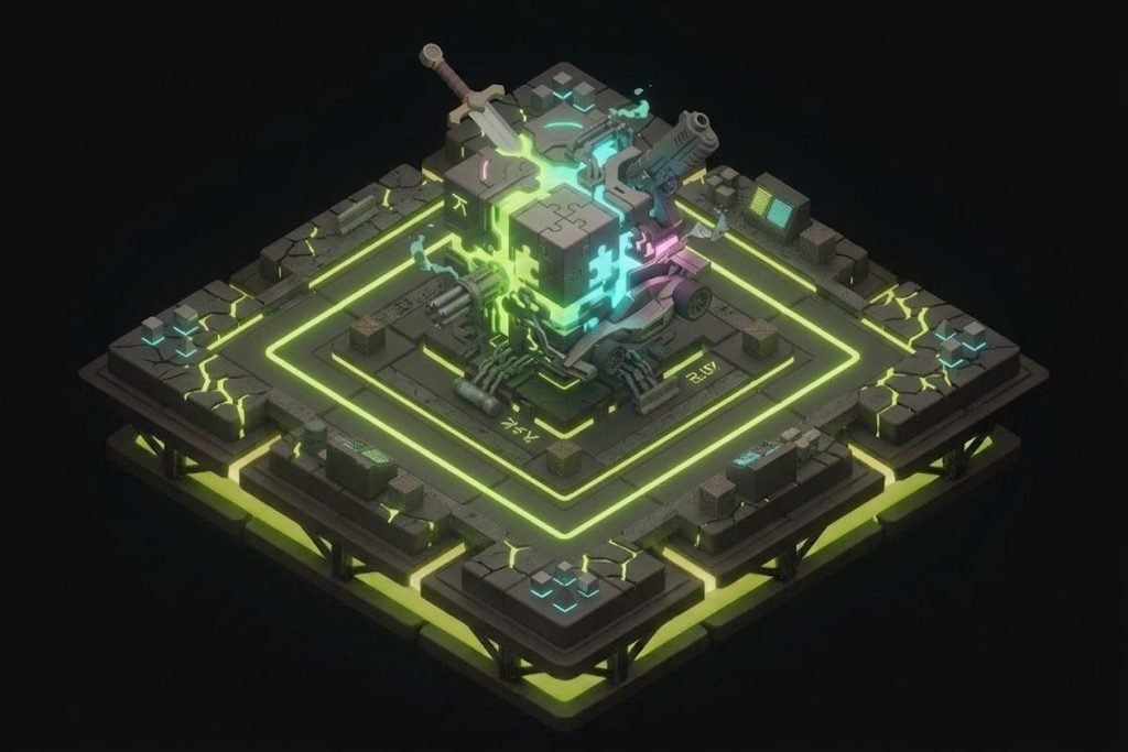 Ilustrasi kubus puzzle yang menyatukan elemen pedang, senjata api, dan mesin, melambangkan tren campuran berbagai genre dalam game modern.