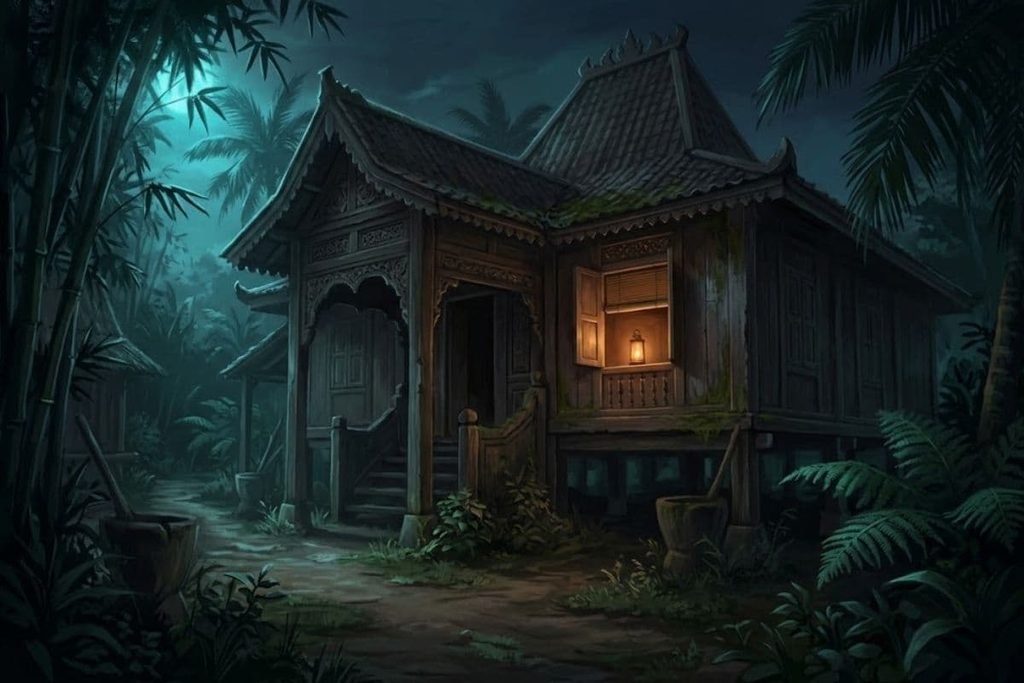 Ilustrasi rumah kayu tradisional yang temaram di malam hari, mewakili latar rumah tua dan desa terpencil yang sering muncul dalam film horor Indonesia.